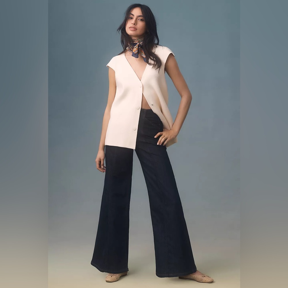 Anthropologie Cream Cap-Sleeve Button Vest with Dark Blue Wide-Leg Jeans